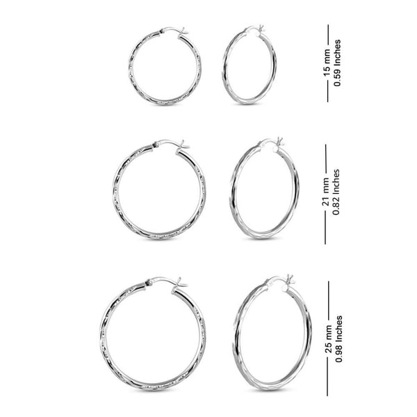 925 Sterling Silver Diamond Cut Hoop Earrings for Women Teen Set of 3 Pairs