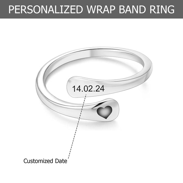 Personalised 925 Sterling Silver Spiral Twist Twisted Heart & Date Finger Ring for Women