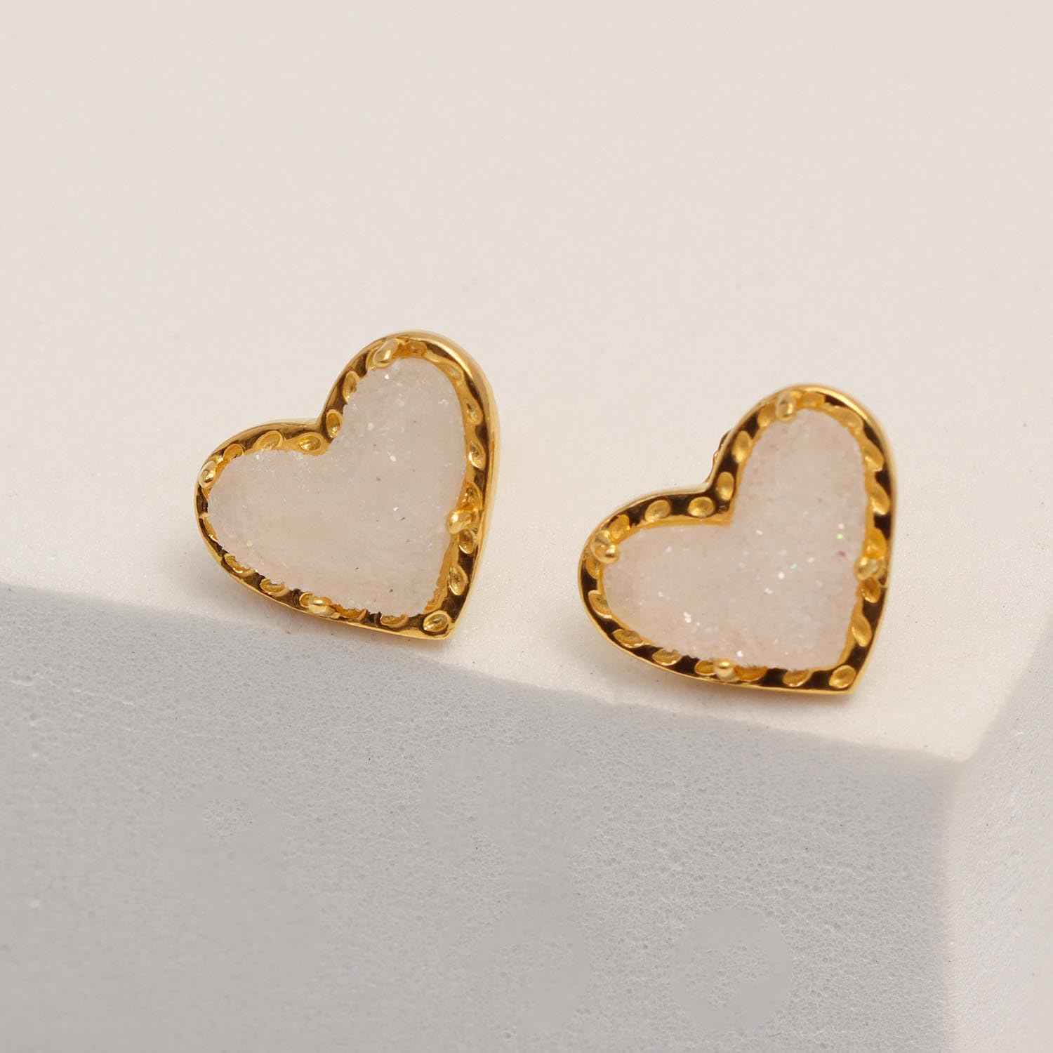 925 Steling Silver 14K Gold-Plated Love White Druzy Heart Shaped Stud Earrings for Women