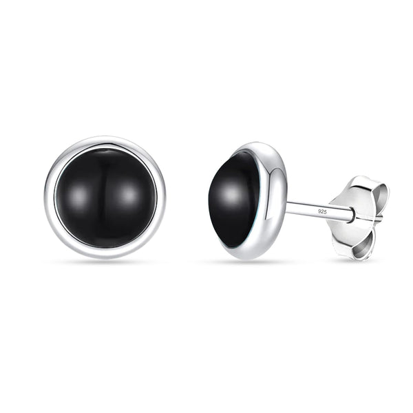 925 Sterling Silver Black Onyx Bezel-Set Round Circle Stud Earrings for Women