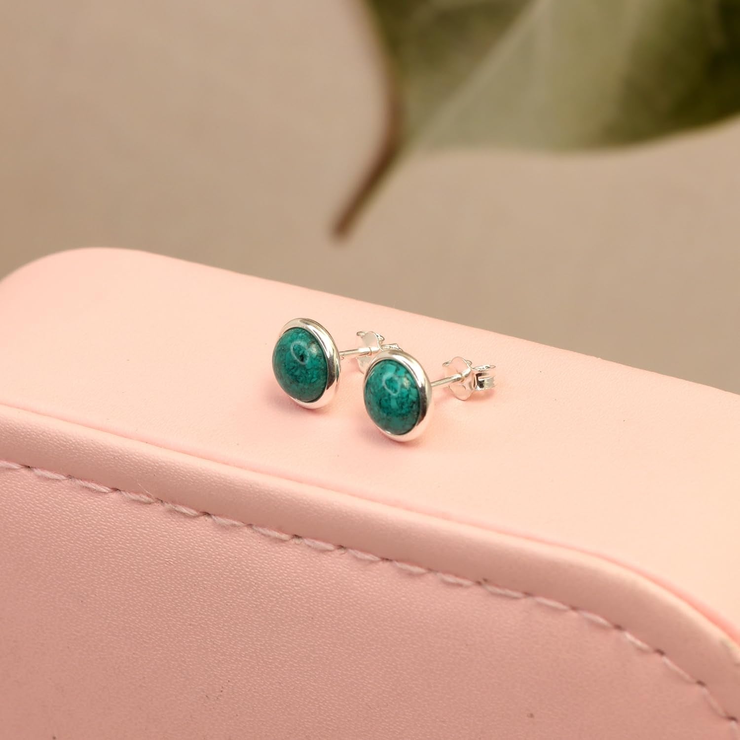 925 Steling Silver Turquoise Bezel Set Round Circle Stud Earrings for Women