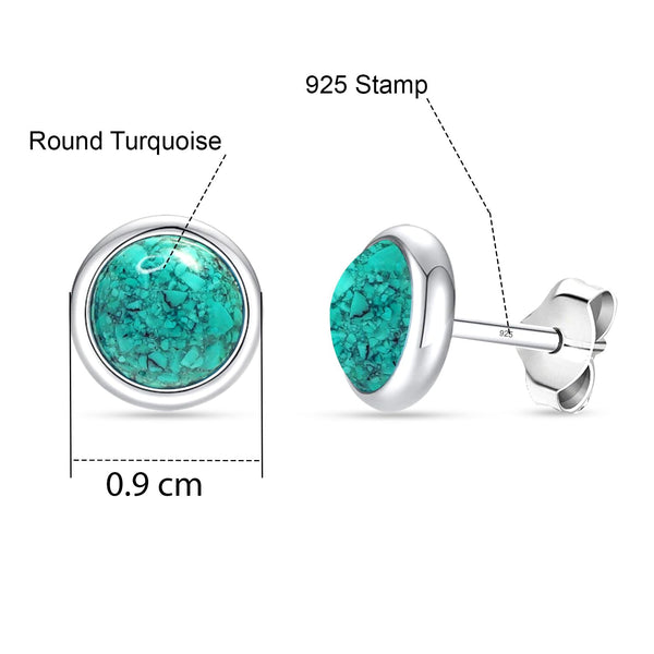 925 Steling Silver Turquoise Bezel Set Round Circle Stud Earrings for Women