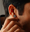 925 Sterling Silver Small Textured Button Shape Enamel Three-Tone Stripe Pattern Stud Earrings For Men