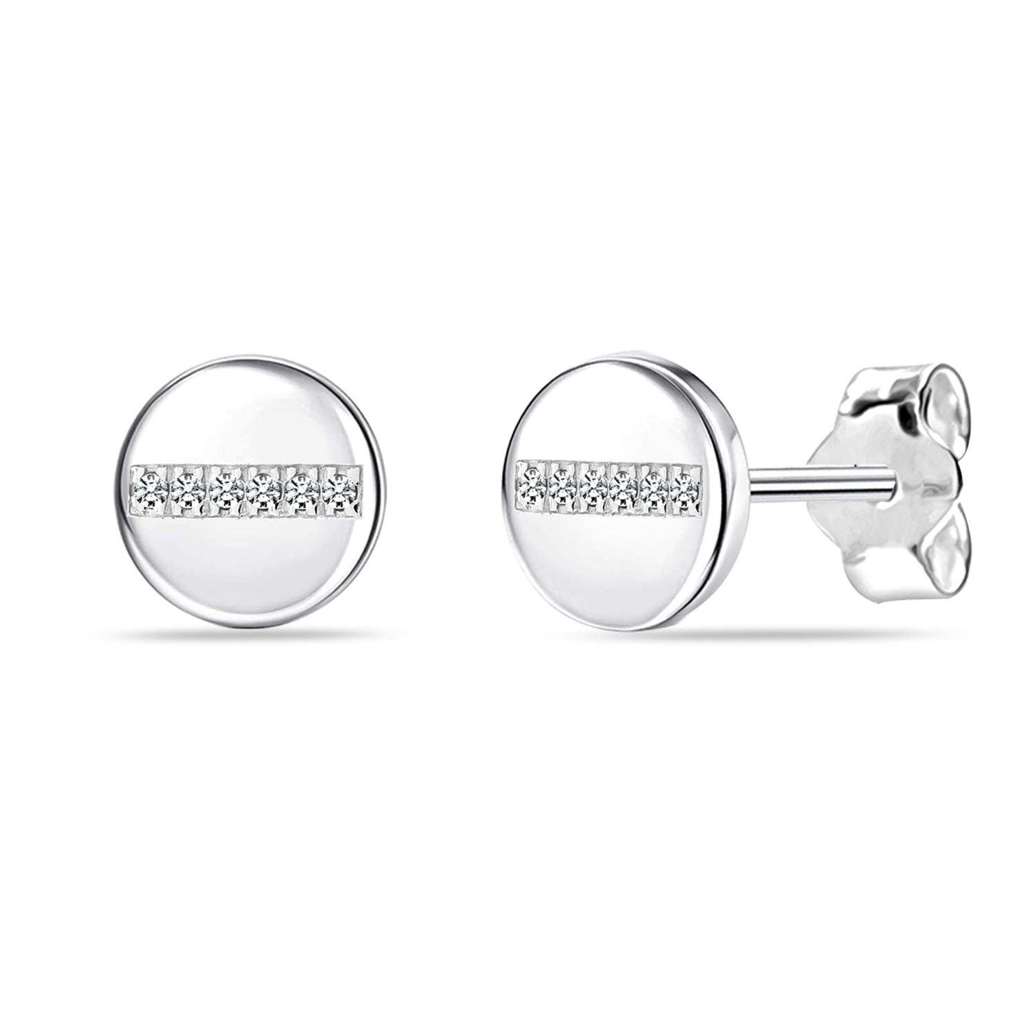 925 Sterling Silver Round Disc CZ Stud Earrings for Women and Girls