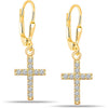 925 Sterling Silver 14K Gold-Plated Zirconia Cross Leverback Earrings for Women