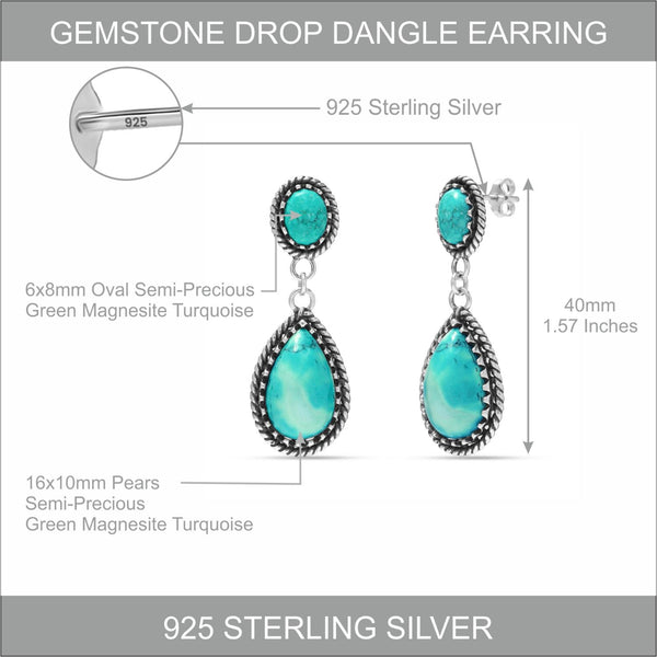 925 Sterling Silver Antique Pear Shaped Gemstone Vintage Inspired Turquoise Teardrop Stud Drop Dangle Earrings for Women