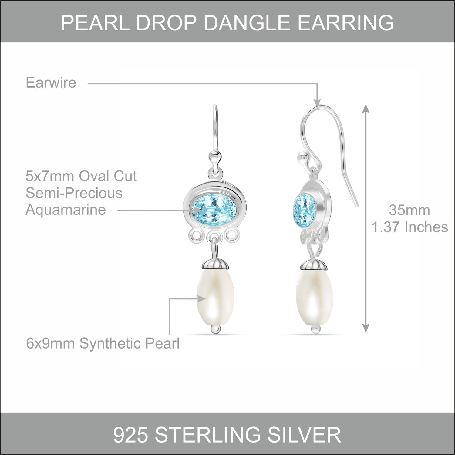 925 Sterling Silver Handmade Gemstone Blue Topaz and Simulated Pearl French Wire Drop Dangle Earrings for Women