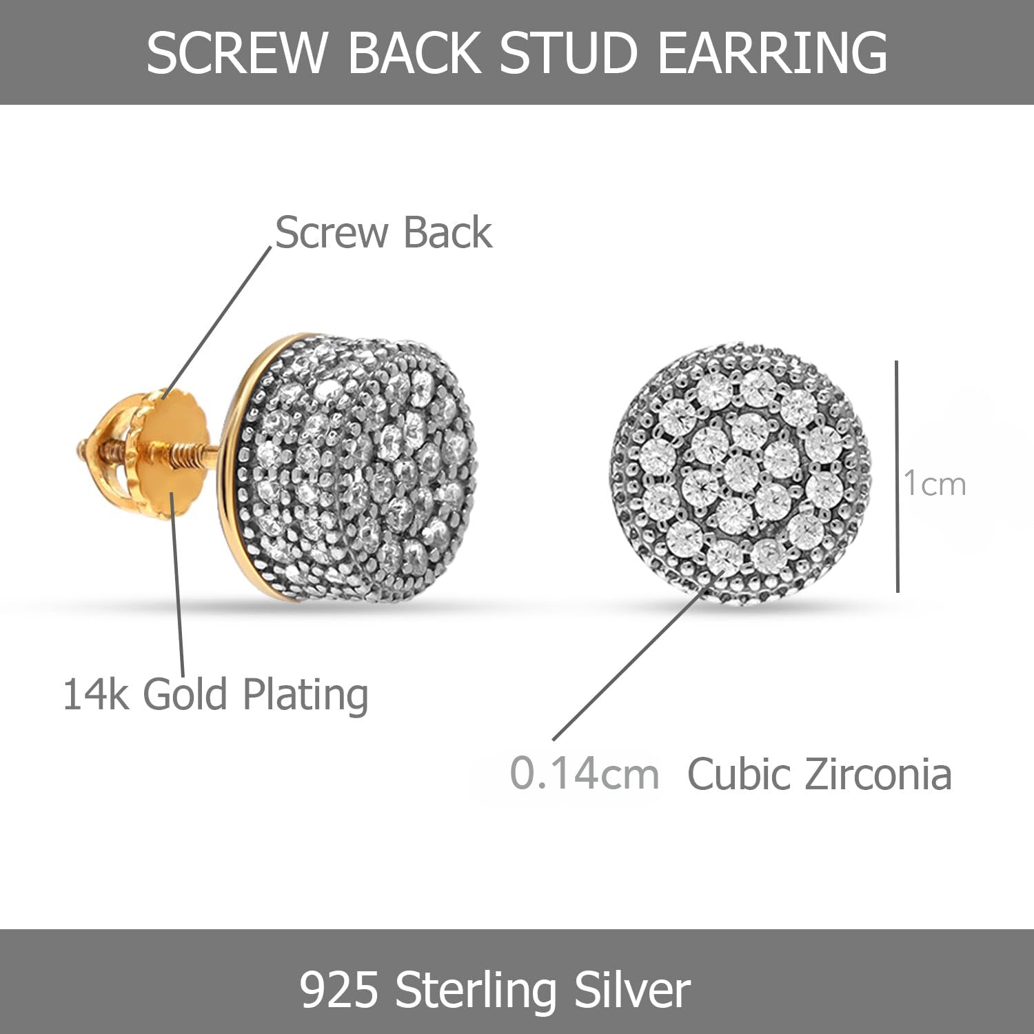 925 Sterling Silver 14K Gold-Plated Cubic Zirconia Round Screw Back Stud Earrings for Men