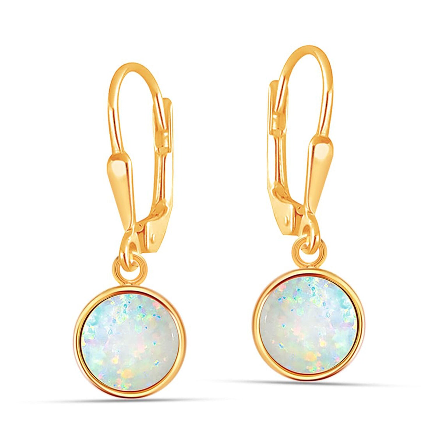 925 Sterling Silve 14K Gold-Plated Round Shaped White Opal Gemstone Drop Dangle Earrings for Women