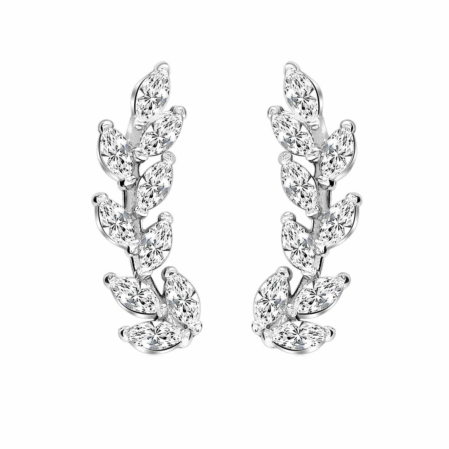 925 Sterling Silver Rhodium Plated Crystal Leaf Ear Climber Crawler Earrings for Women