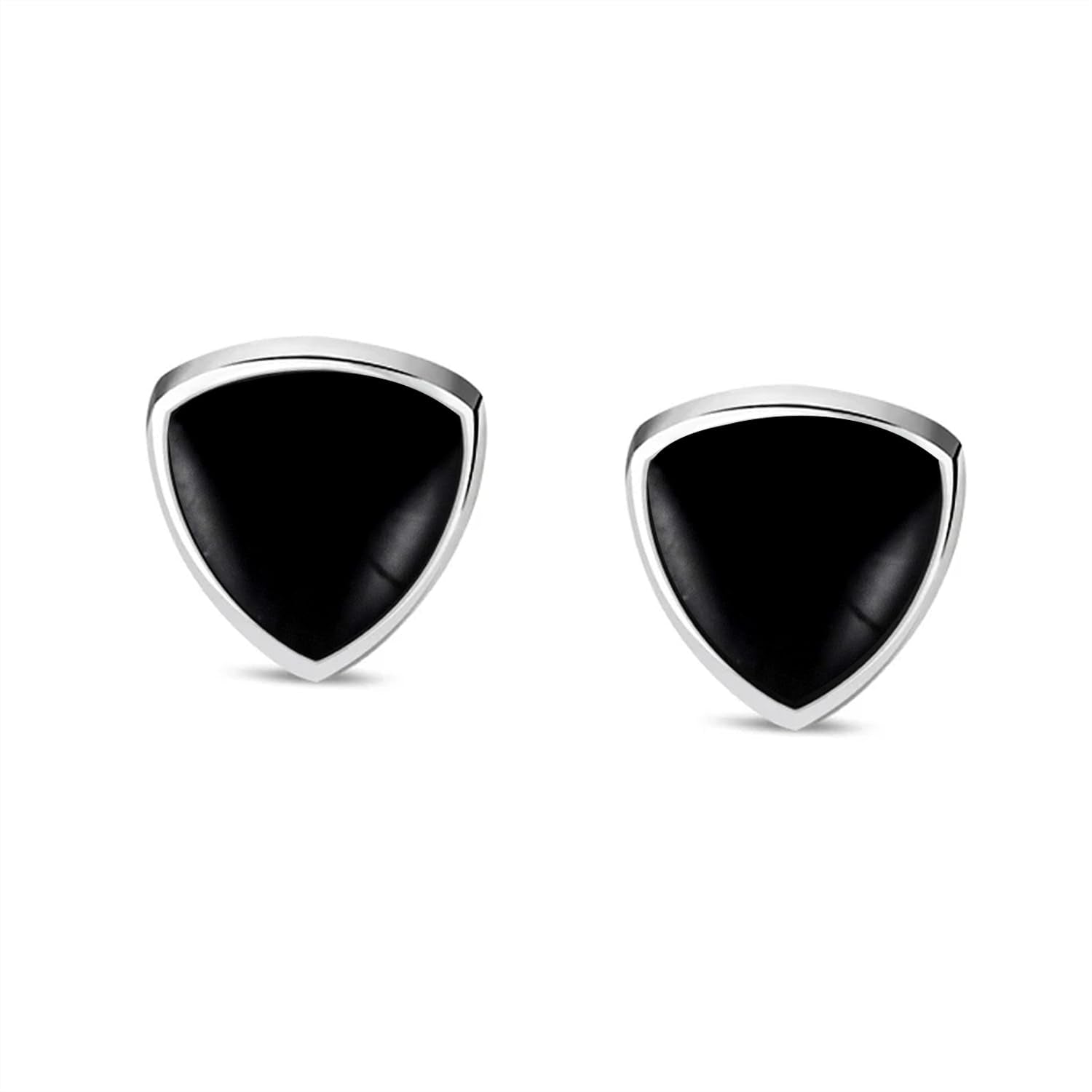 925 Steling Silver Small Curved Triangle Black Onyx Stud Earrings for Men