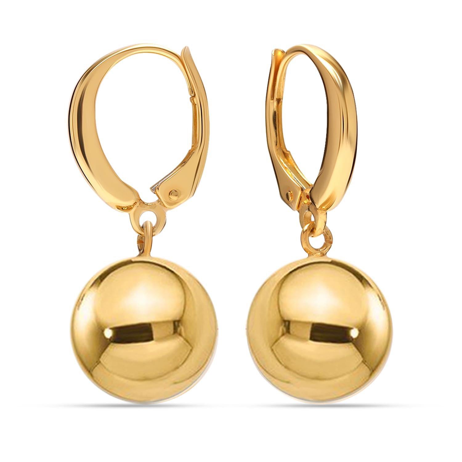 925 Sterling Silver 14K Gold-Plated Italian High Polished Leverback Round Bead Ball Drop Dangle Earrings for Women