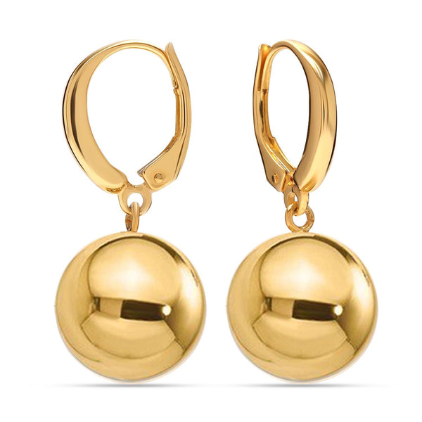 925 Sterling Silver 14K Gold-Plated Italian High Polished Leverback Round Bead Ball Drop Dangle Earrings for Women