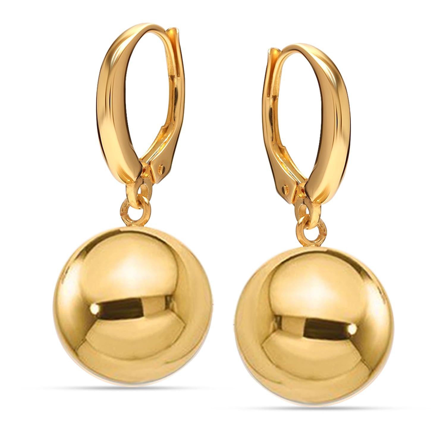 925 Sterling Silver 14K Gold-Plated Italian High Polished Leverback Round Bead Ball Drop Dangle Earrings for Women