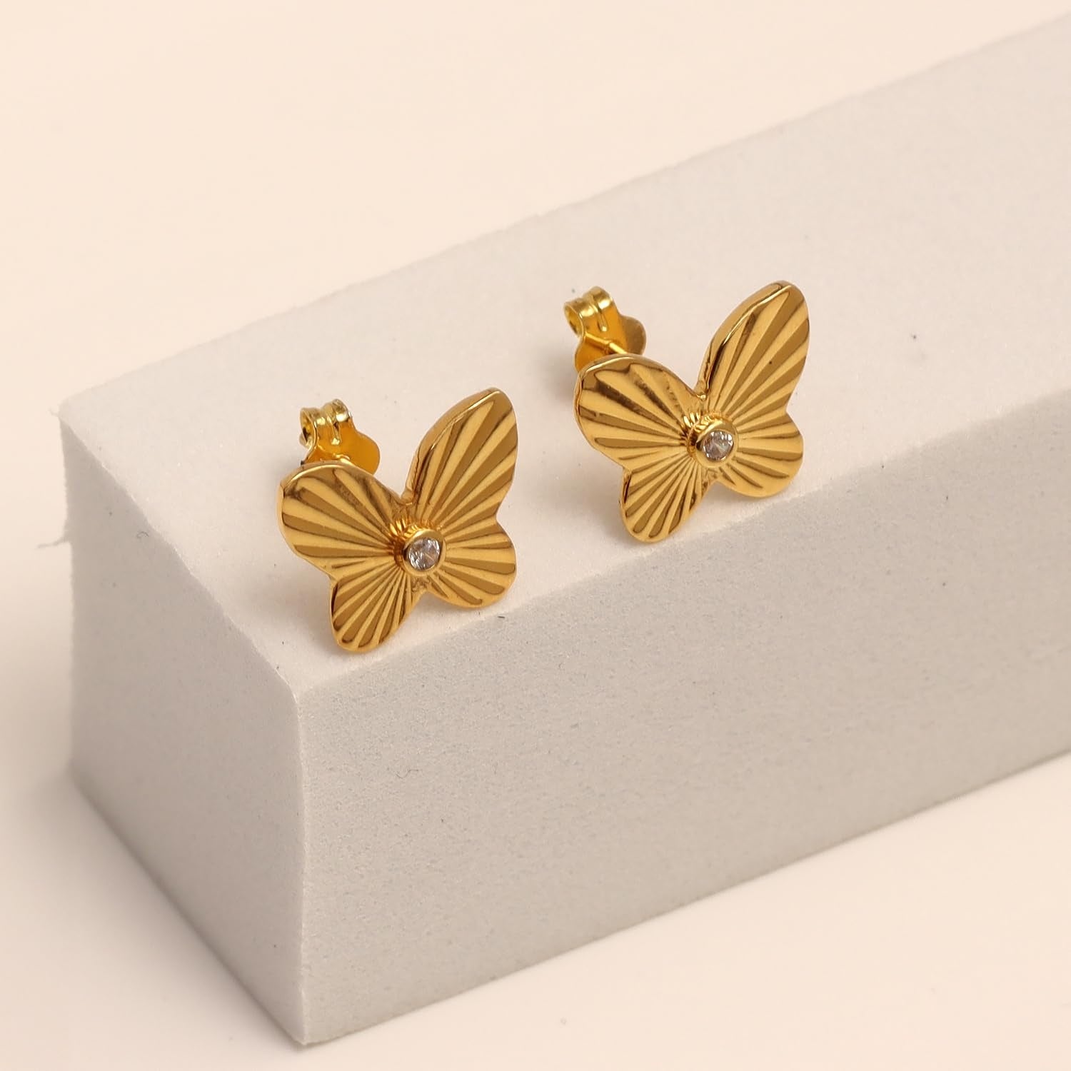 925 Steling Silver 14K Gold-Plated Pave Cubic Zirconia Butterfly Stud Earrings for Women