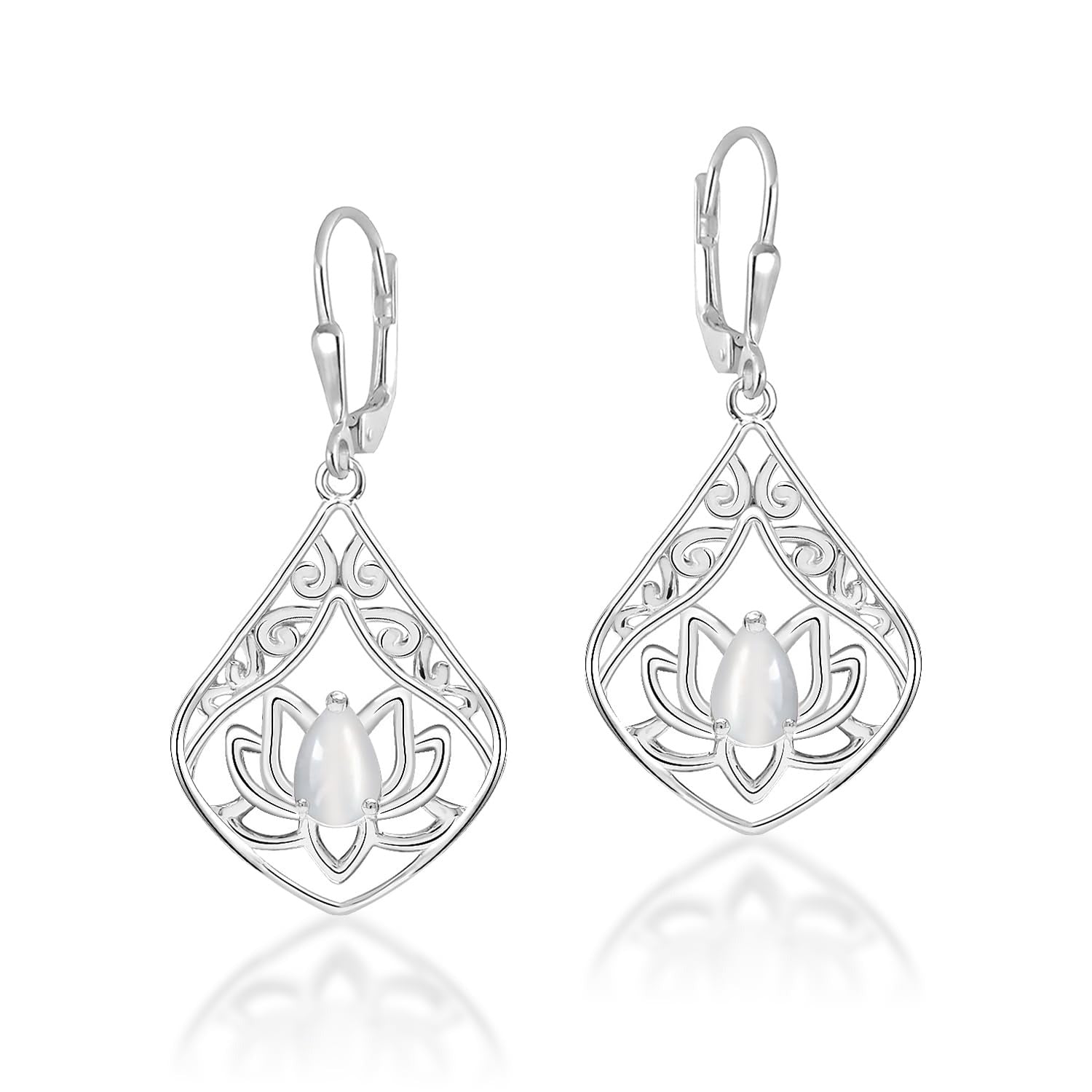 925 Sterling Silver Moonstone Filigree Lotus Flower Leverback Drop Dangle Earring for Women