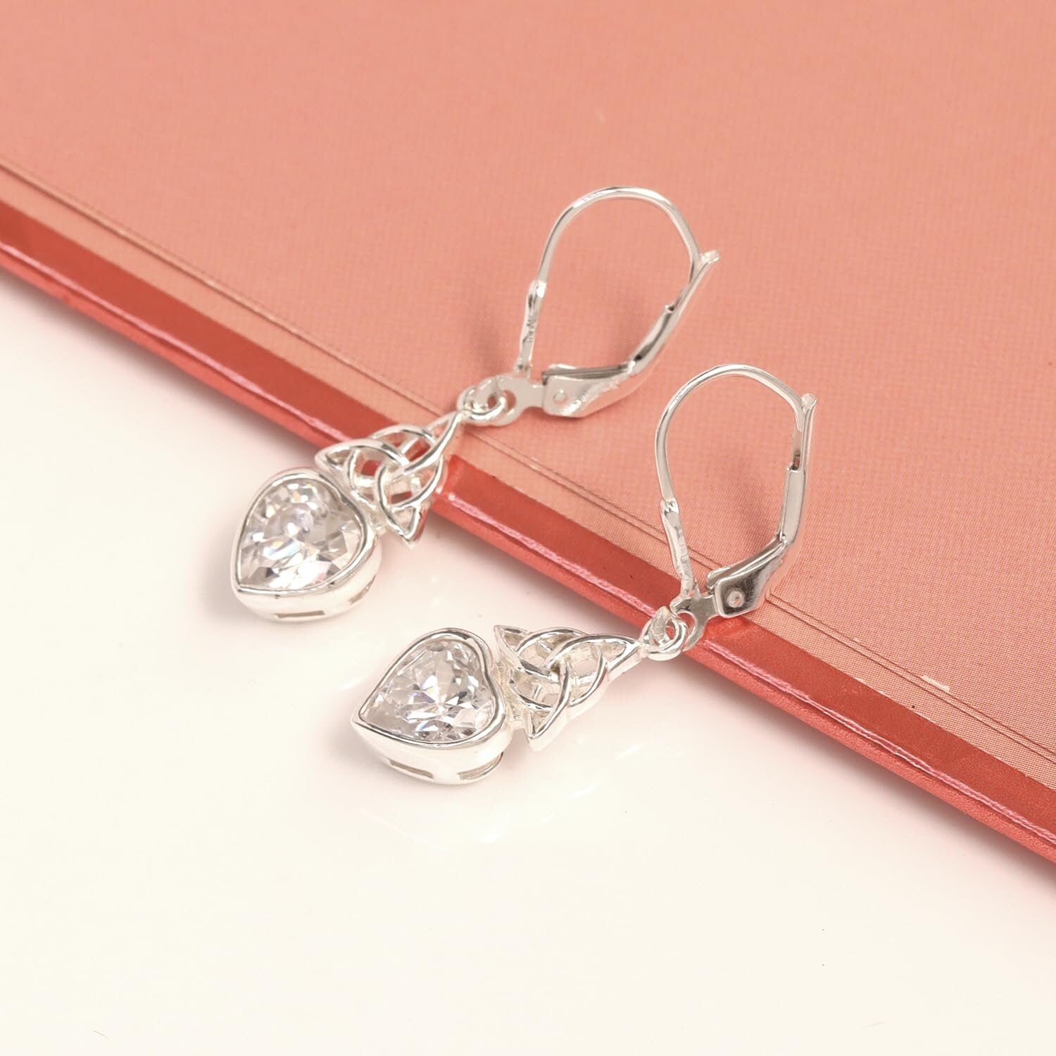 925 Sterling Silve CZ Celtic Knot Heart-Shaped Teardrop Leverback Drop & Dangle Earrings for Women