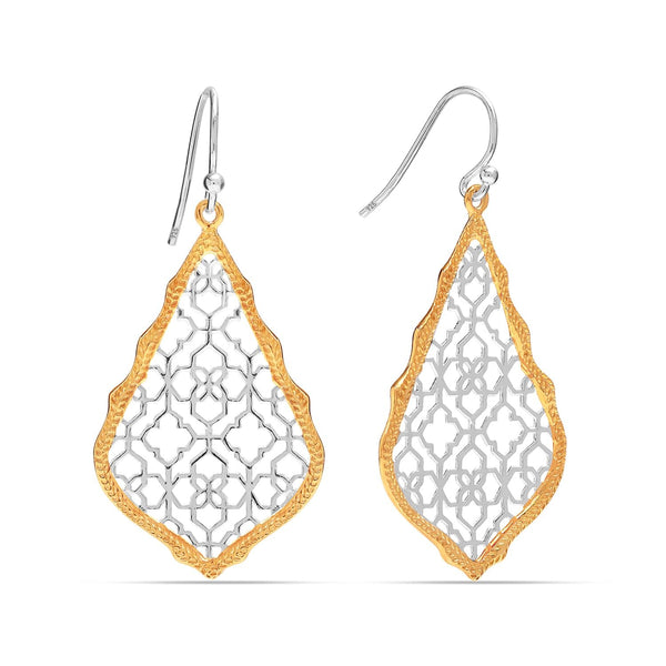 925 Sterling Silve 14K Gold-Plated Two-Tone Boho Quatrefoil Shape Filigree Teardrop Drop Dangle Earrings for Women