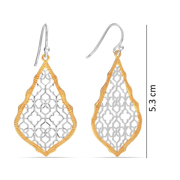 925 Sterling Silve 14K Gold-Plated Two-Tone Boho Quatrefoil Shape Filigree Teardrop Drop Dangle Earrings for Women