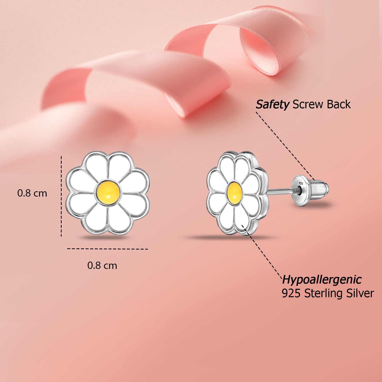 925 Sterling Silver Rhodium Plated Enamel Daisy Flower Stud Earrings for Kids and Girls