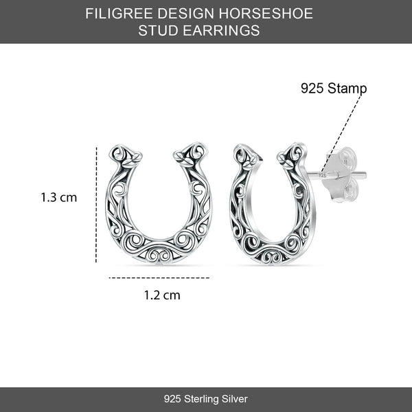 925 Sterling Silve U-Shaped Filigree Design Horseshoe Stud Earrings for Women