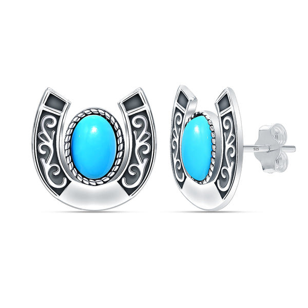 925 Sterling Silver Turquoise Horseshoe Studs Earring for Women