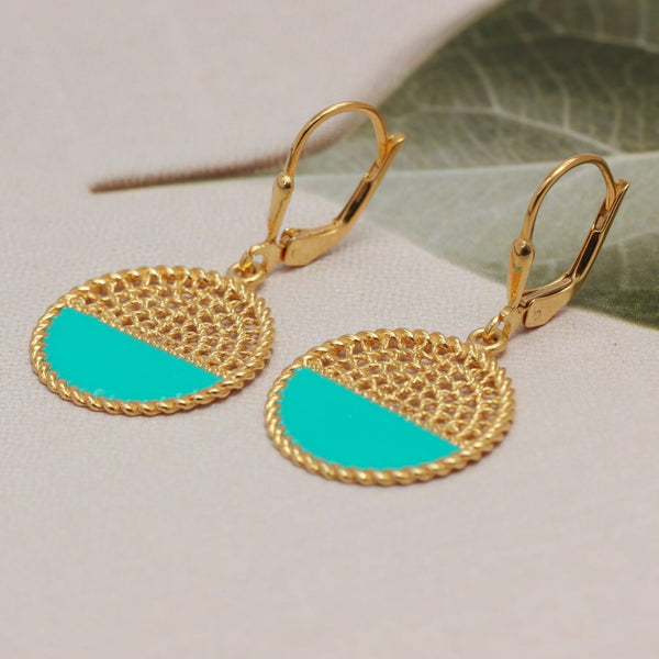 925 Sterling Silve 14K Gold-Plated Teal Enamel Circle Disc Dangle Drop Earrings for Women