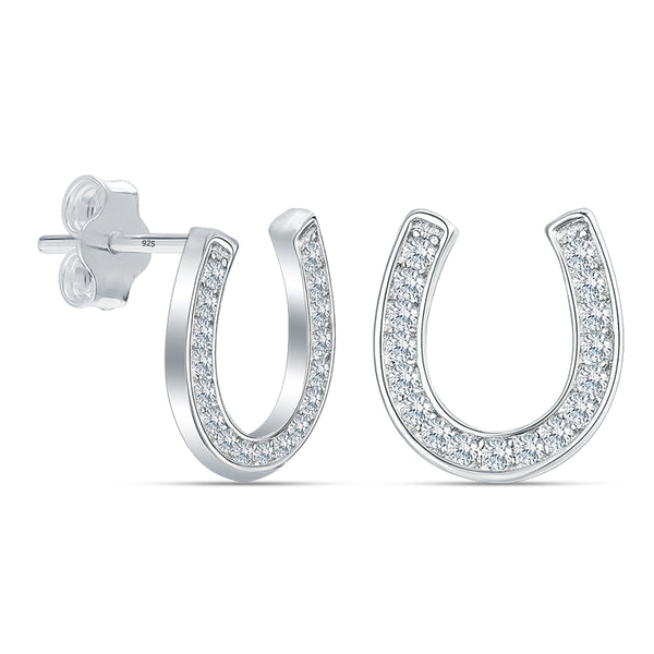 925 Sterling Silver CZ Lucky Horseshoe Stud Earrings for Women