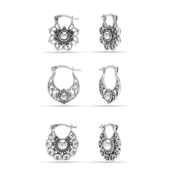 925 Sterling Silver Small Set of 3 Pair Antique Filigree Hoop Earrings for Women Teen