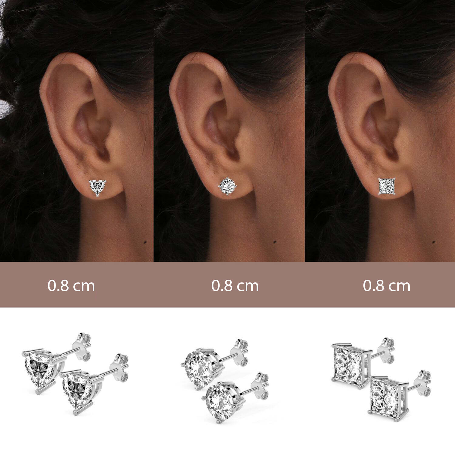 925 Sterling Silver Set of 3 Pair Round Square Heart Shape White CZ 8mm Stone Stud Earrings for Women