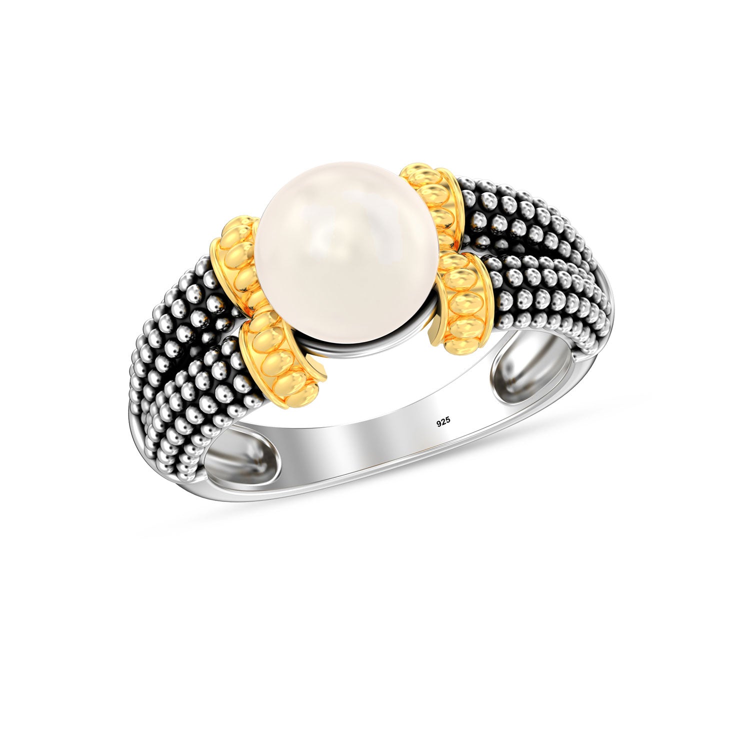 925 Sterling Silver 14K Gold Plated Freshwater Pearl Bead Design Finger Ring for Women