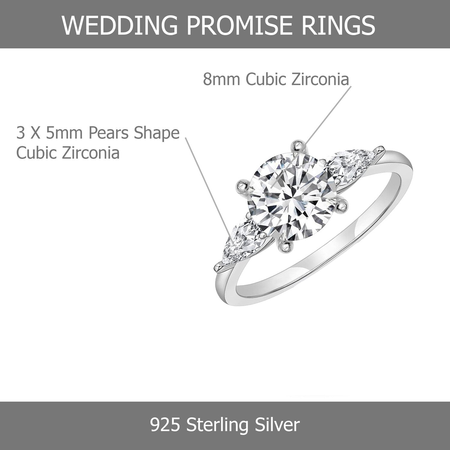 925 Sterling Silver Rhodium-Plated Zirconia Classic Engagement Wedding Finger Ring Band for Women