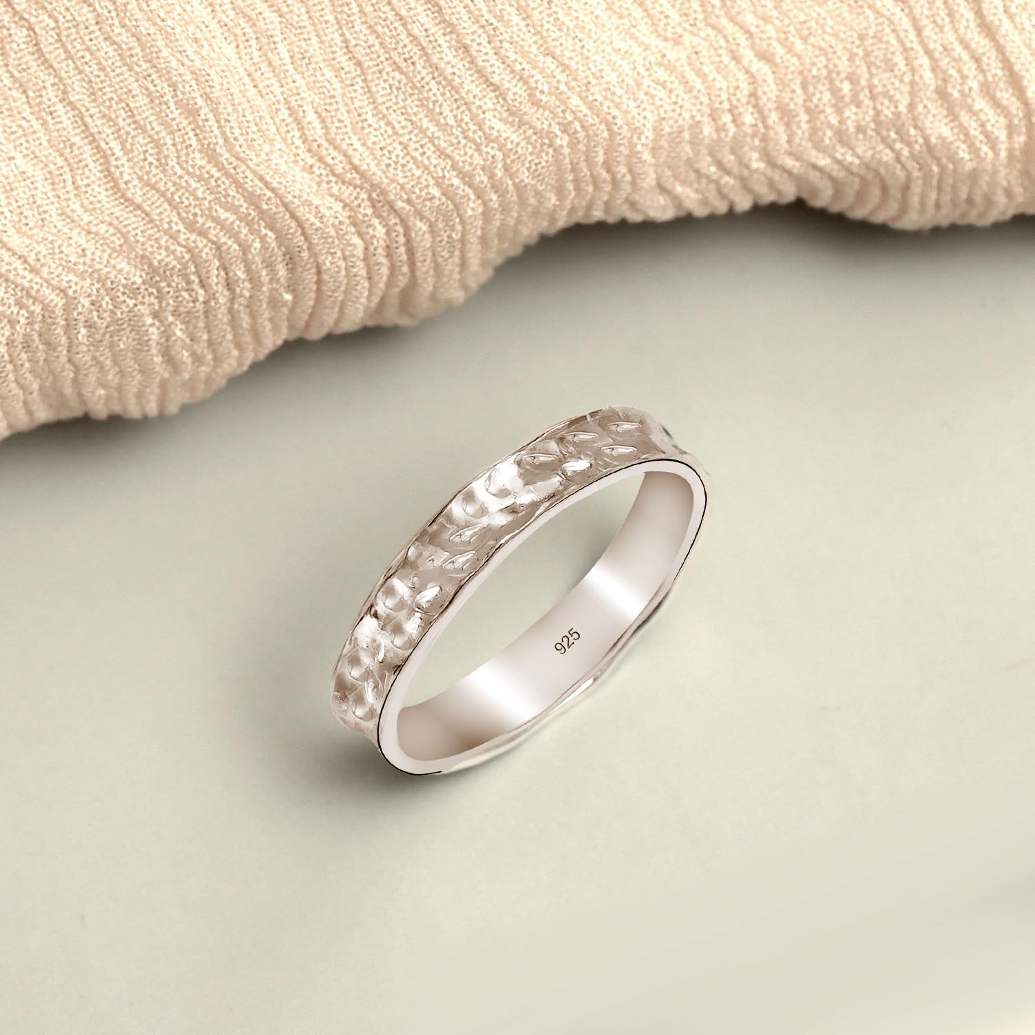 925 Sterling Silver Hammer Textured Band Ring for Women