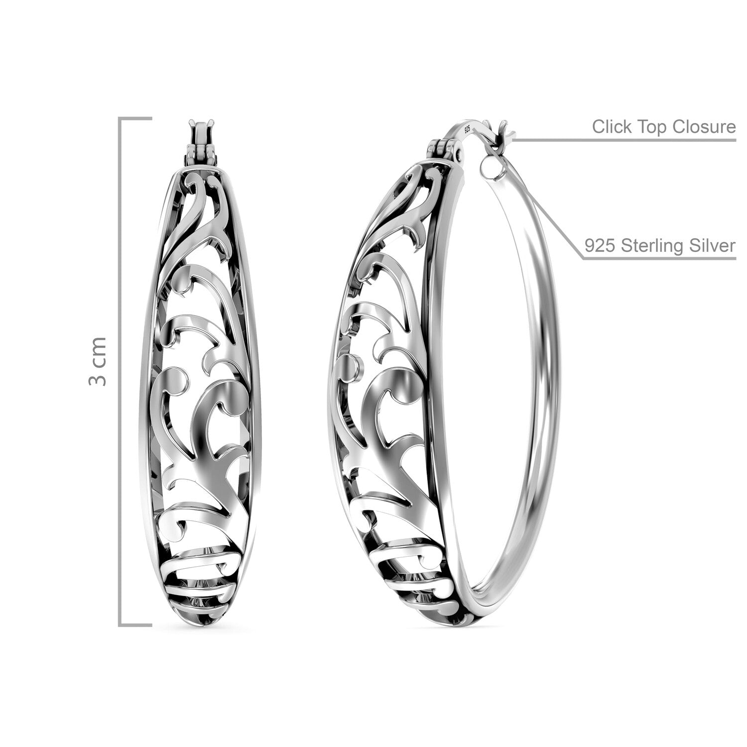 925 Sterling Silver Floral Filigree Hypoallergenic Round Shape Intricate Cutout Design Click-Top Hoop Earrings for Women