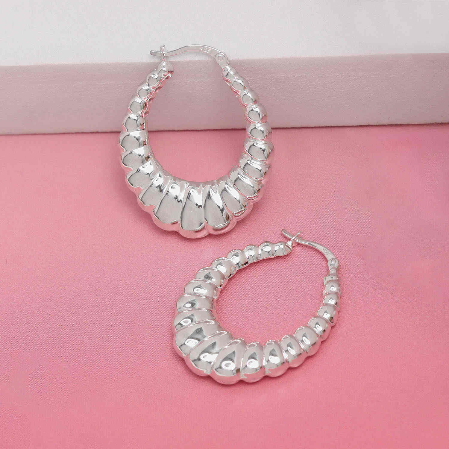 925 Sterling Silver Jewellery Oval Shrimp Click-Top Hoop Earrings for Women Teen 35MM