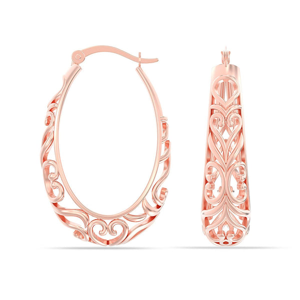 925 Sterling Silver Oval Filigree Click-Top Hoop Earrings for Women