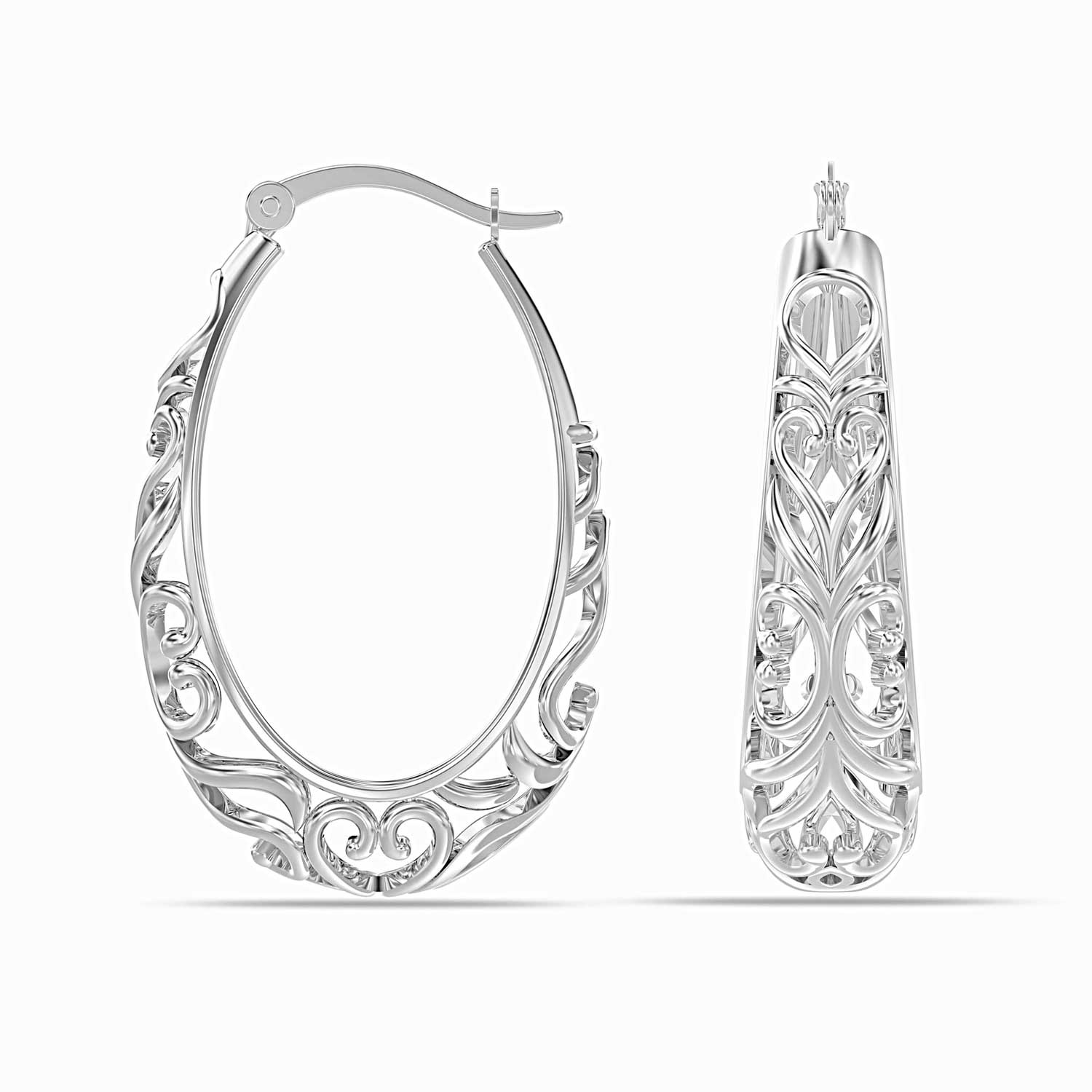 925 Sterling Silver Oval Filigree Click-Top Hoop Earrings for Women