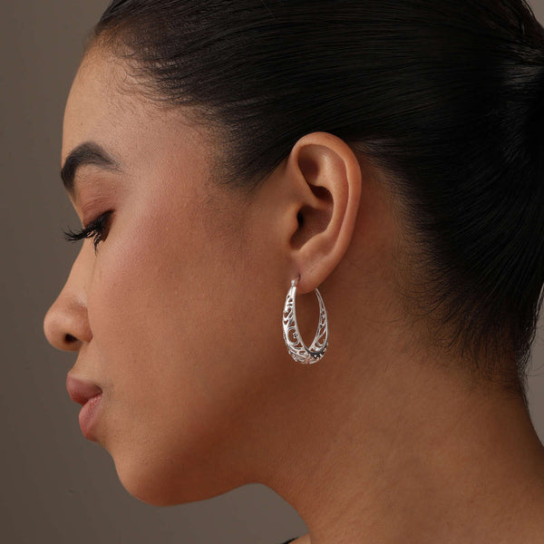 925 Sterling Silver Oval Filigree Click-Top Hoop Earrings for Women