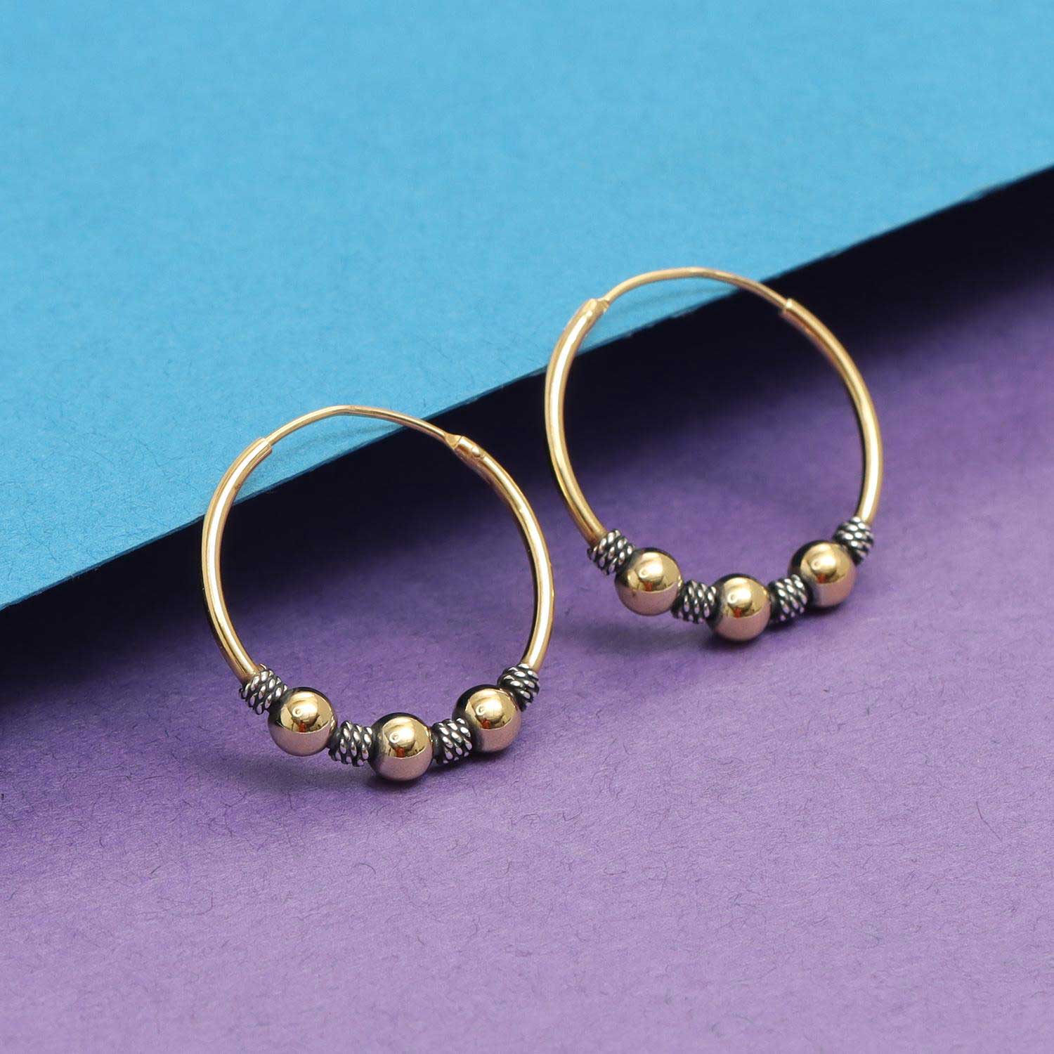 925 Sterling Silver Two-Tone Beaded Bohemian Bali Tribal Endless Hoop Earrings for Teen Women 20mm