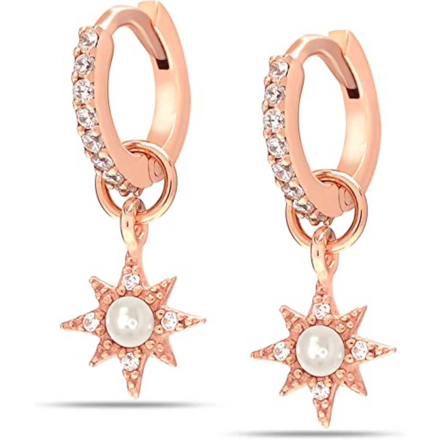 925 Sterling Silver Rose-Gold Plated Zirconia Hanging Star Charm Huggie Hoop Earrings for Women Teen