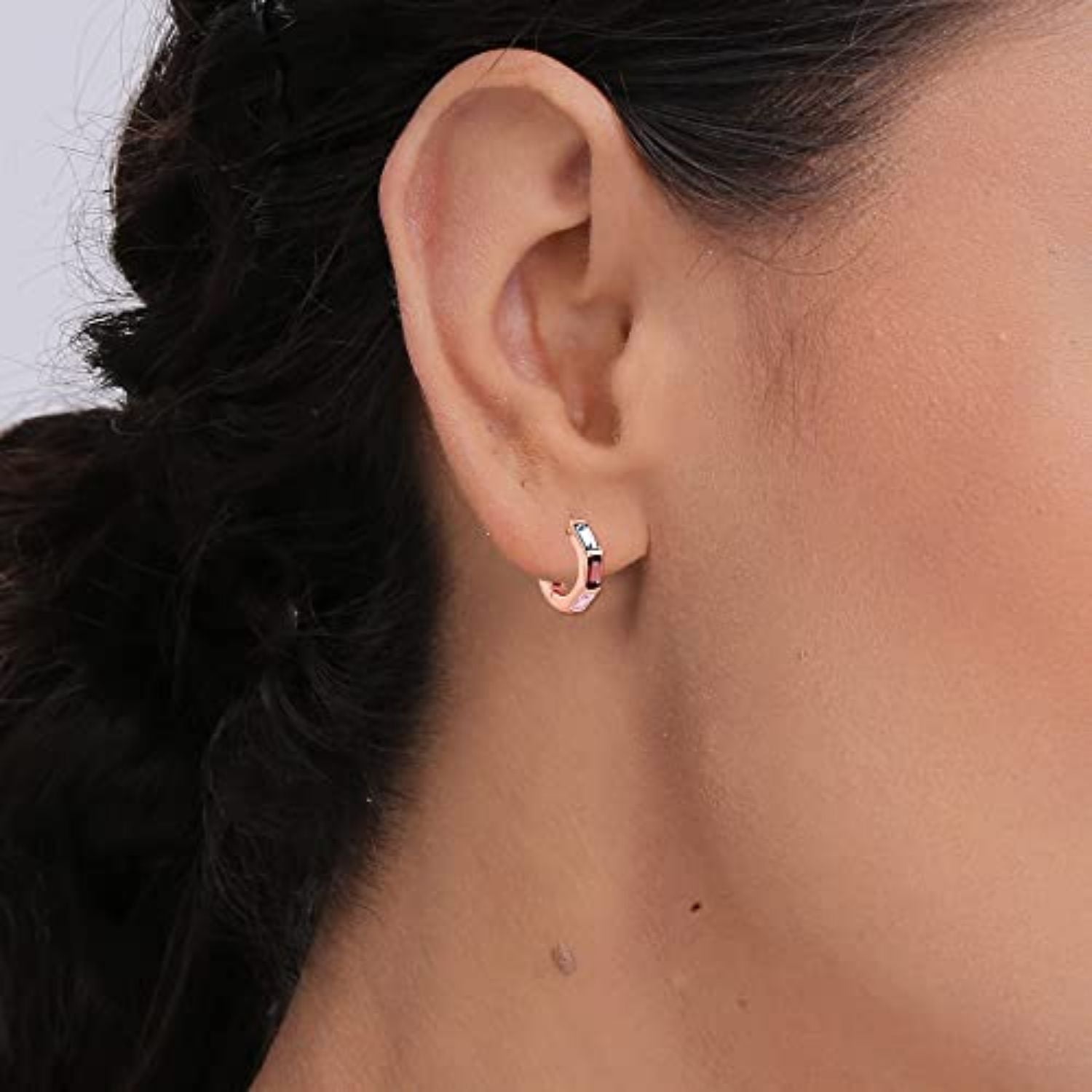 925 Sterling Silver Rose Gold-Plated Zirconia Rainbow Tiny Huggie Hoop Earrings for Women Teen