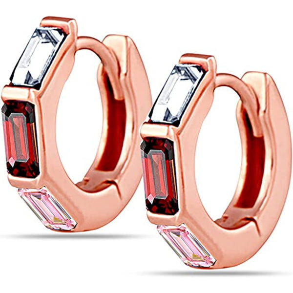 925 Sterling Silver Rose Gold-Plated Zirconia Rainbow Tiny Huggie Hoop Earrings for Women Teen