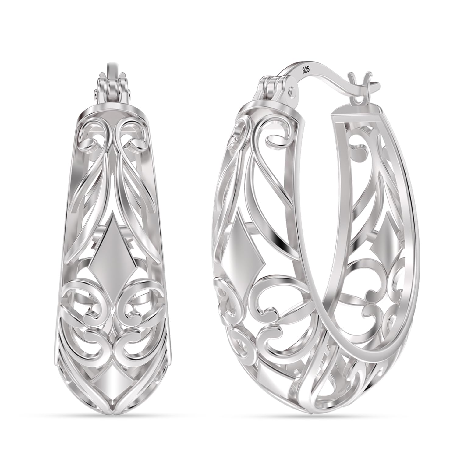 925 Sterling Silver Vintage Oval Filigree with Click-Top Closure Hoop Earrings for Women