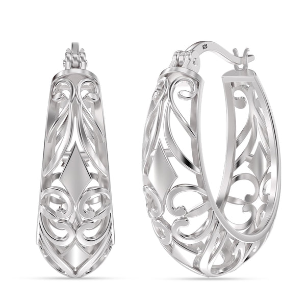 925 Sterling Silver Vintage Oval Filigree with Click-Top Closure Hoop Earrings for Women