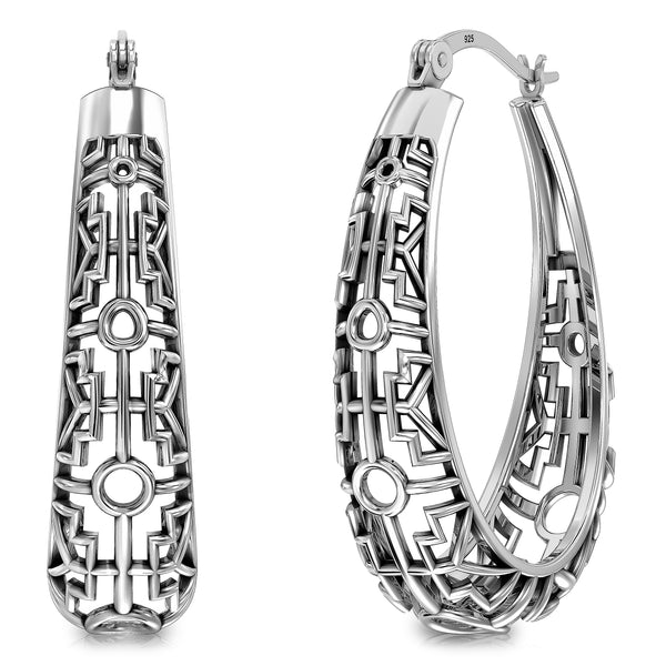 925 Sterling Silver Filigree Mesh Oval Shape Click-Top Hoop Earrings for Women