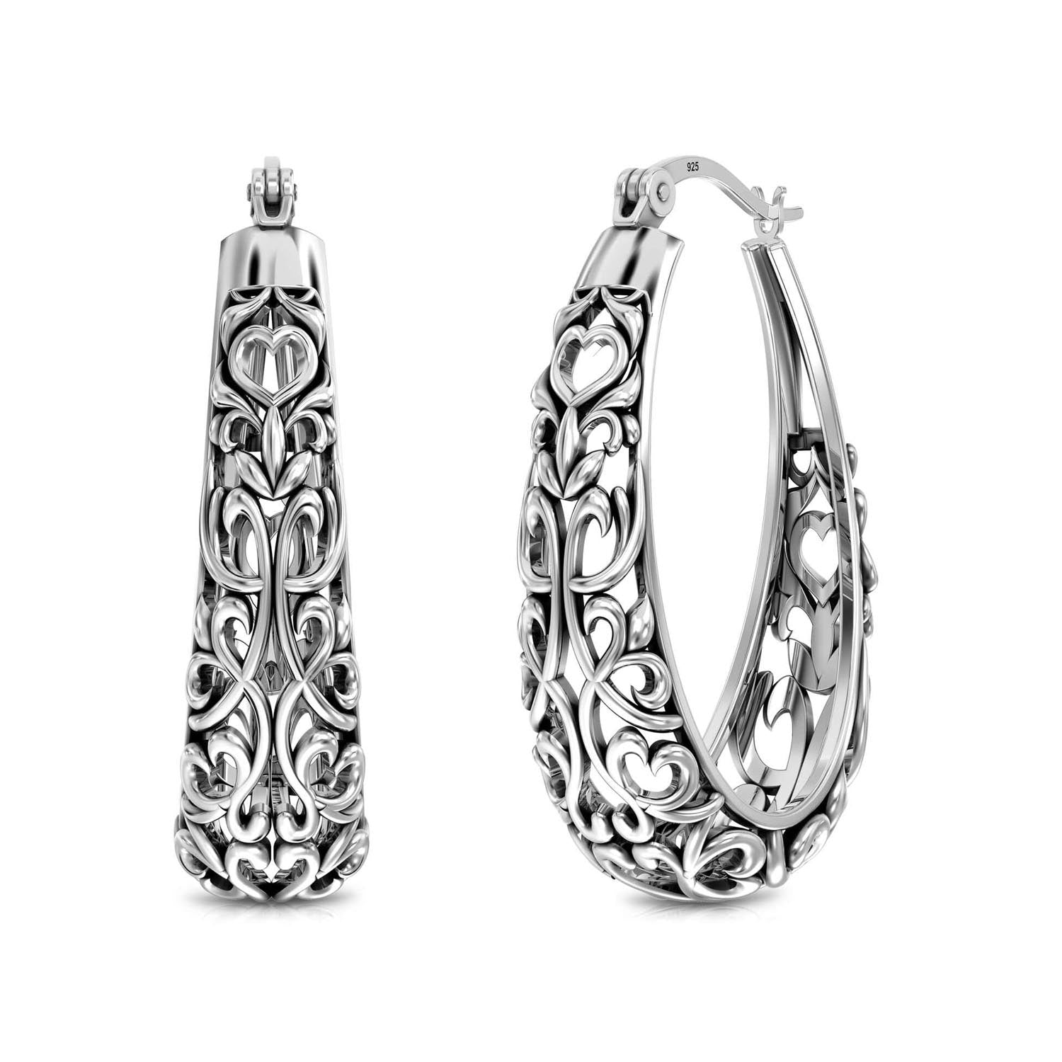 925 Sterling Silver Mesh Filigree Oval Click-Top Hoop Earrings for Women