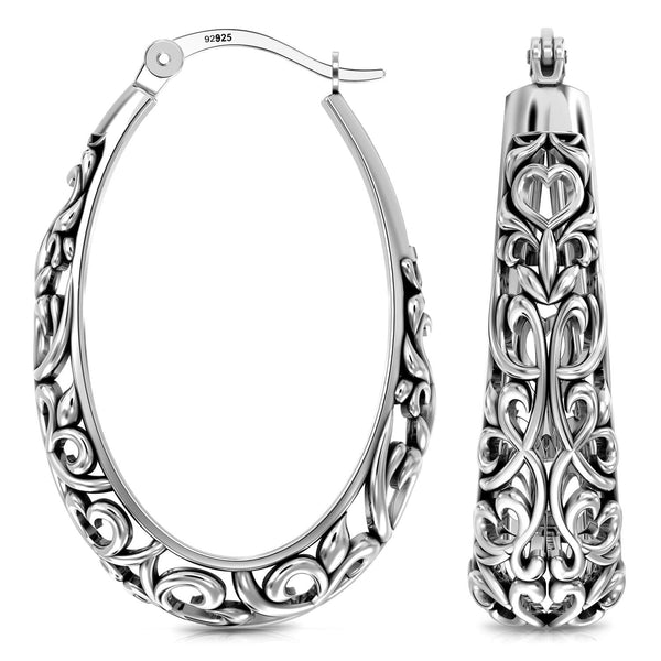 925 Sterling Silver Mesh Filigree Oval Click-Top Hoop Earrings for Women