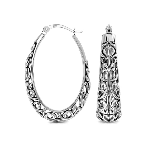 925 Sterling Silver Mesh Filigree Oval Click-Top Hoop Earrings for Women