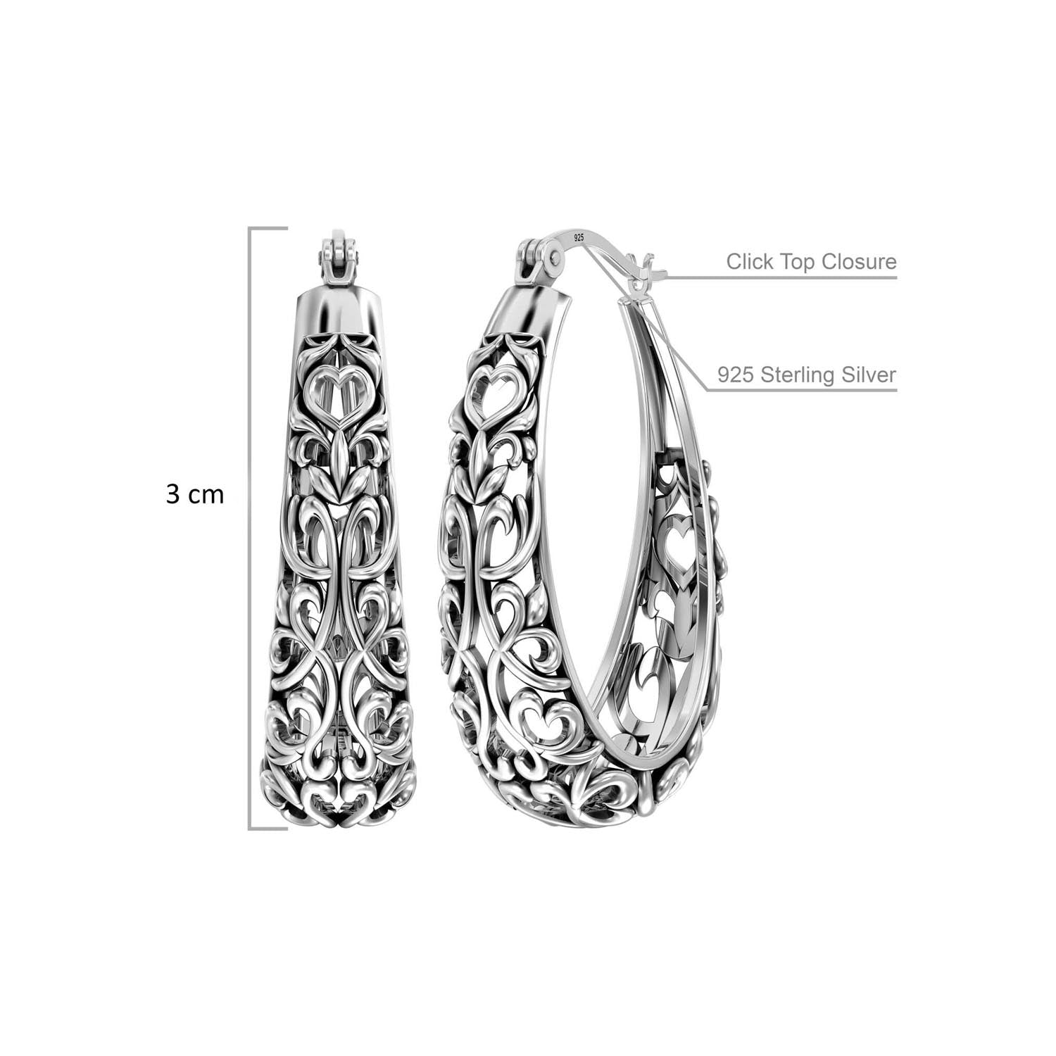 925 Sterling Silver Mesh Filigree Oval Click-Top Hoop Earrings for Women