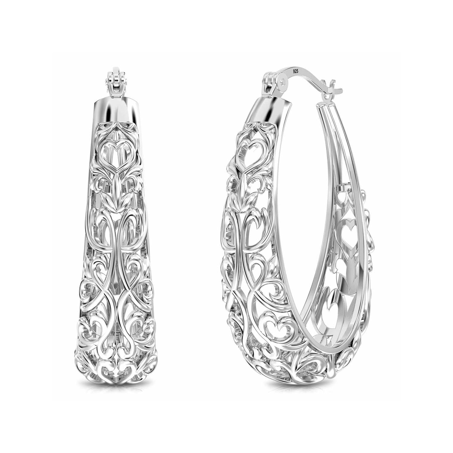 925 Sterling Silver Mesh Filigree Oval Click-Top Hoop Earrings for Women